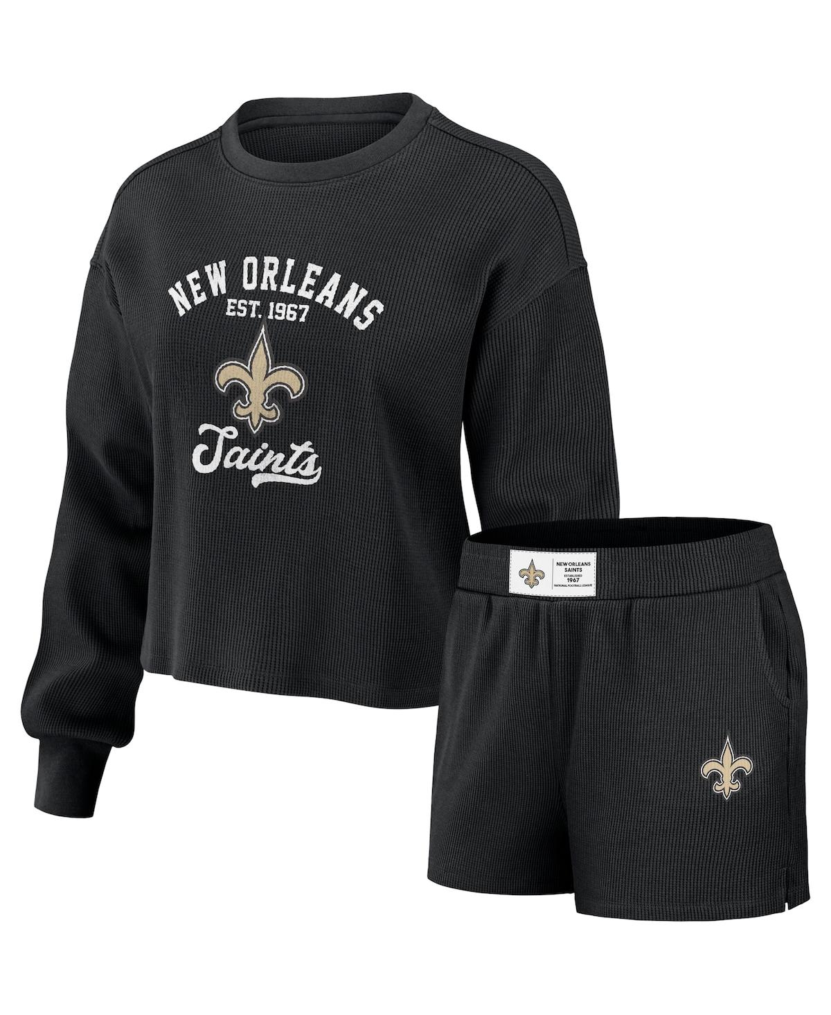 Wear By Erin Andrews Women's  Black Distressed New Orleans Saints Waffle Knit Long Sleeve T-shirt And