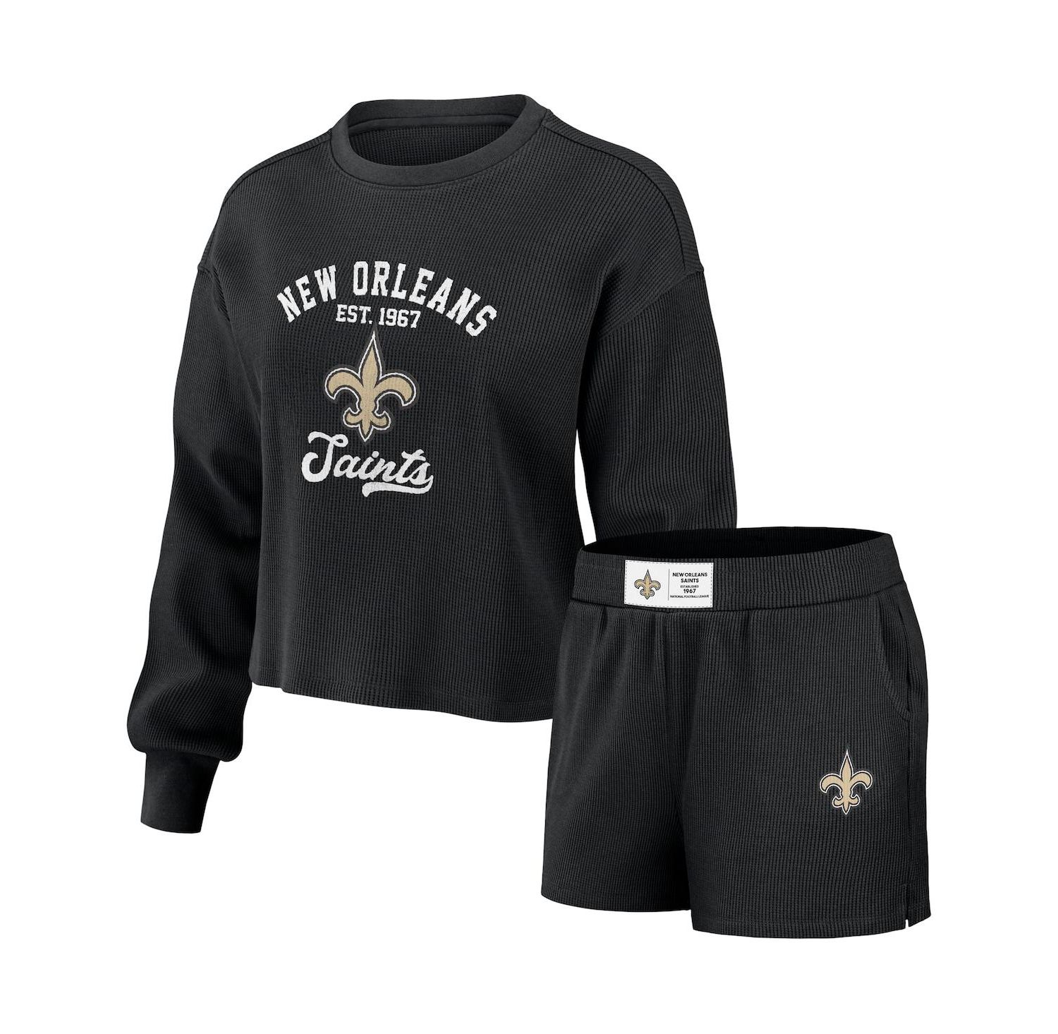 Women's Black Distressed New Orleans Saints Waffle Knit Long Sleeve T-shirt and Shorts Lounge Set