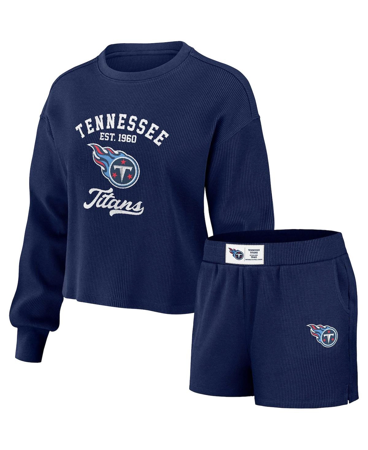 Wear By Erin Andrews Women's  Navy Distressed Tennessee Titans Waffle Knit Long Sleeve T-shirt And Sh