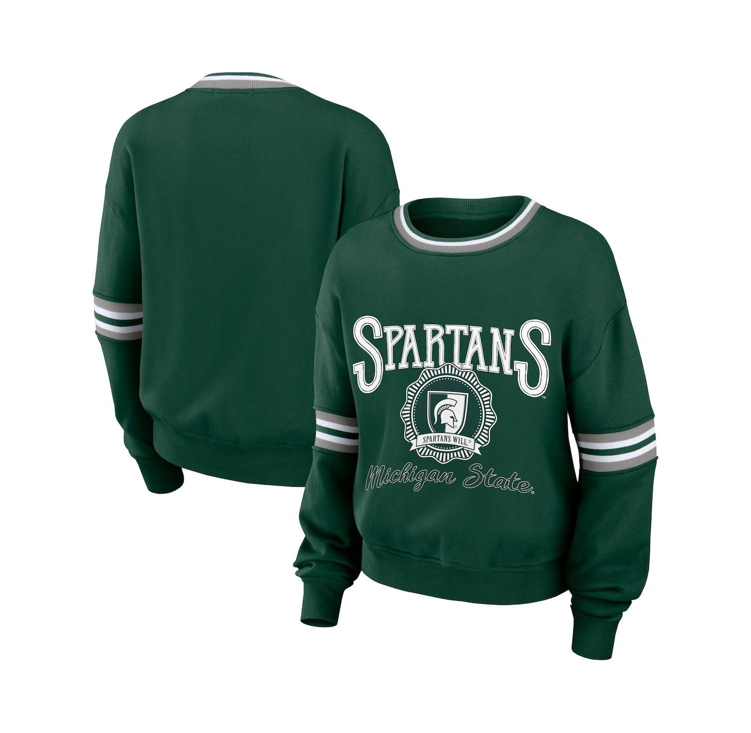 Women's Forest Green Distressed Michigan State Spartans Vintage-Like Pullover Sweatshirt