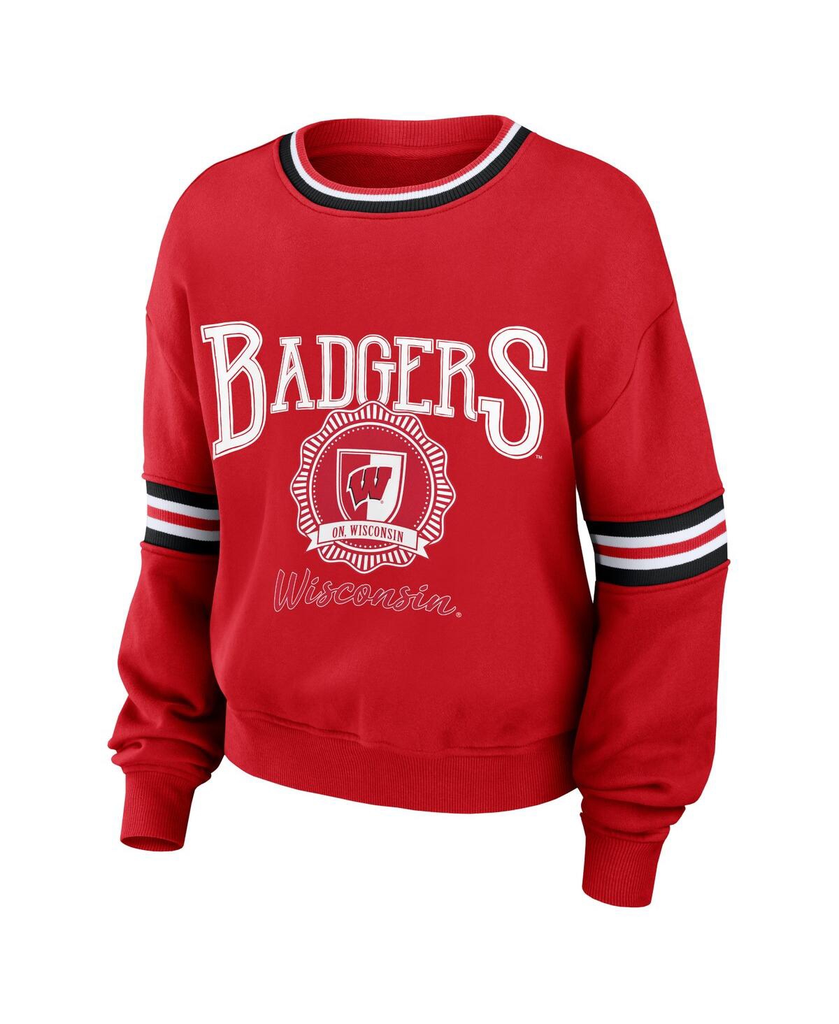 Shop Wear By Erin Andrews Women's  Red Distressed Wisconsin Badgers Vintage-like Pullover Sweatshirt