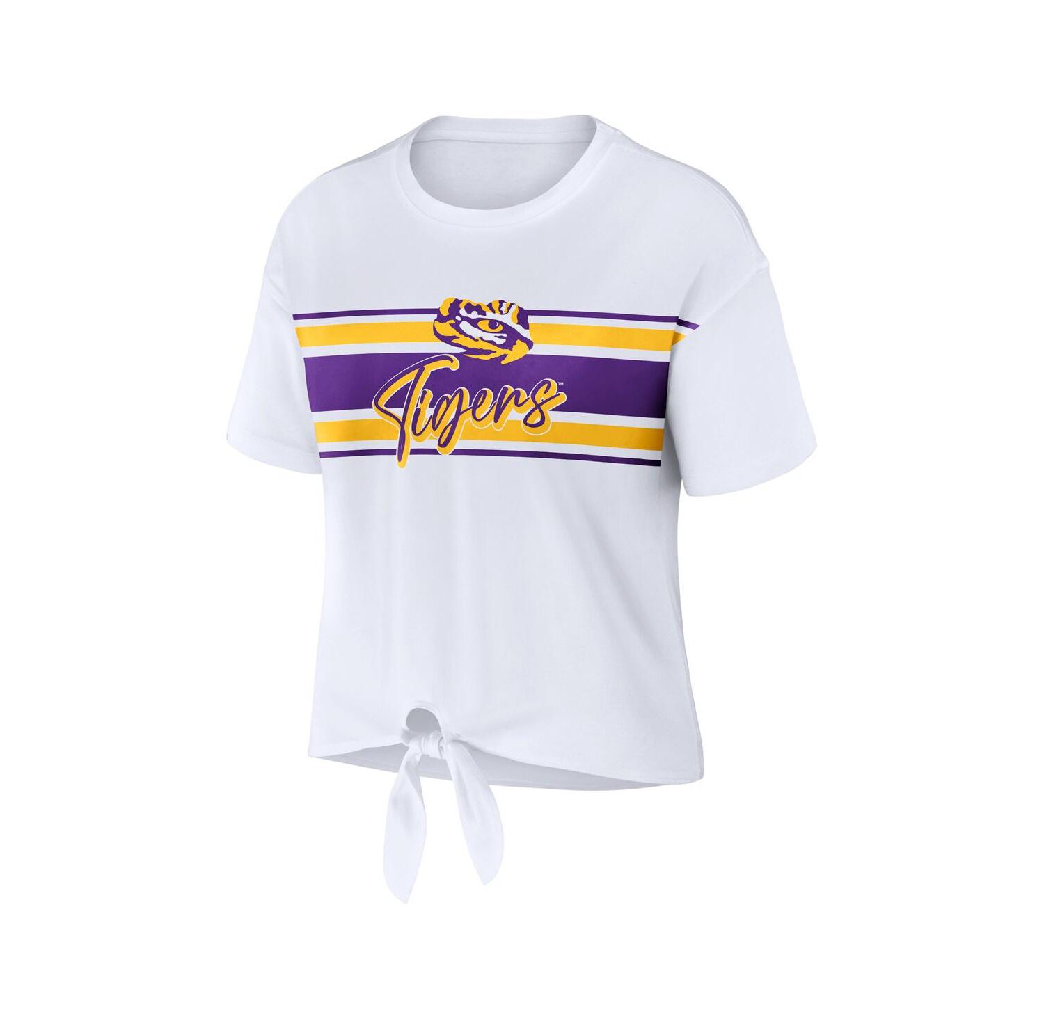 Women's White LSU Tigers Striped Front Knot Cropped T-shirt