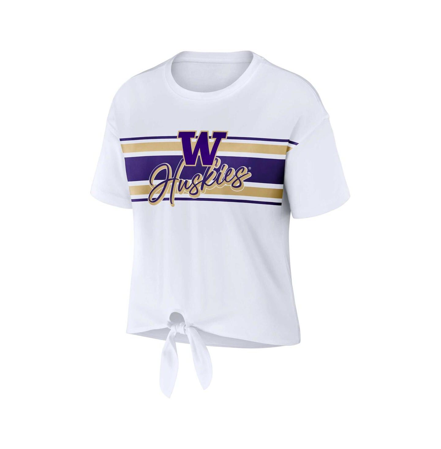 Женская футболка WEAR by Erin Andrews White Washington Huskies Striped Front Knot Cropped — фото 3