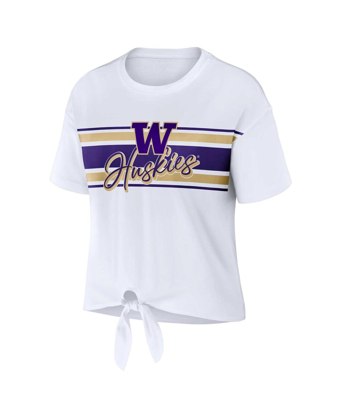 Shop Wear By Erin Andrews Women's  White Washington Huskies Striped Front Knot Cropped T-shirt