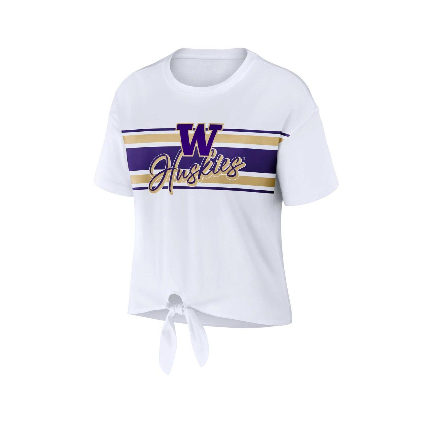 Women's White Washington Huskies Striped Front Knot Cropped T-shirt