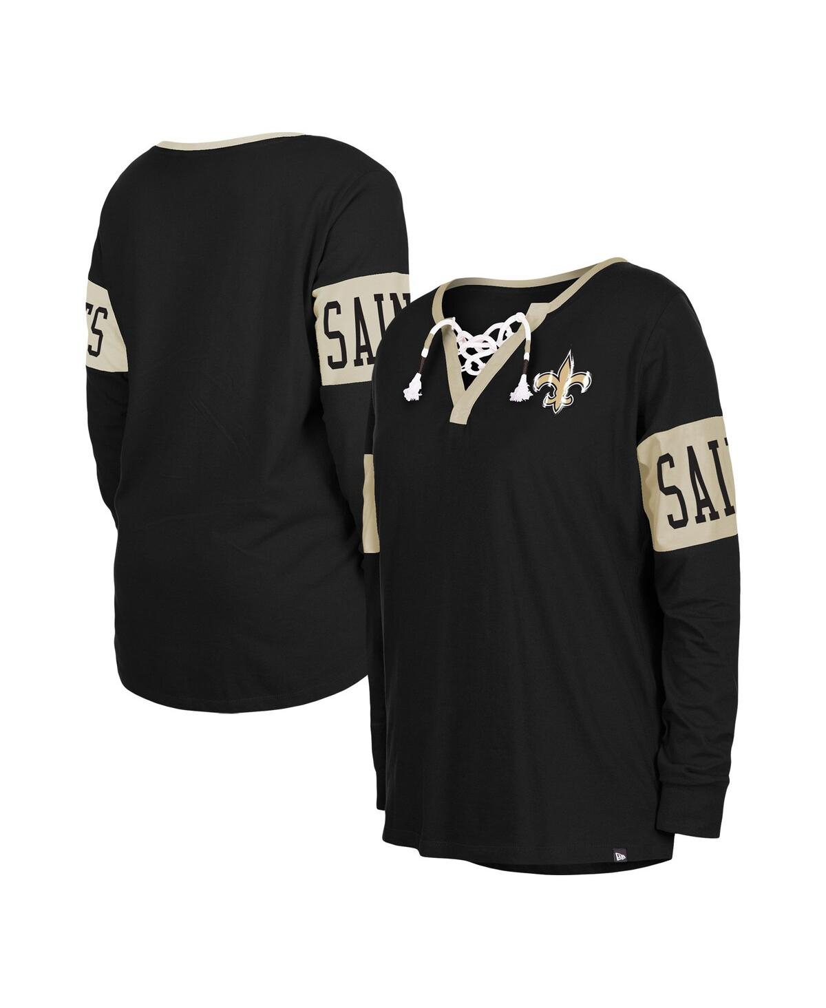 New Era Women's  Black New Orleans Saints Lace-up Notch Neck Long Sleeve T-shirt
