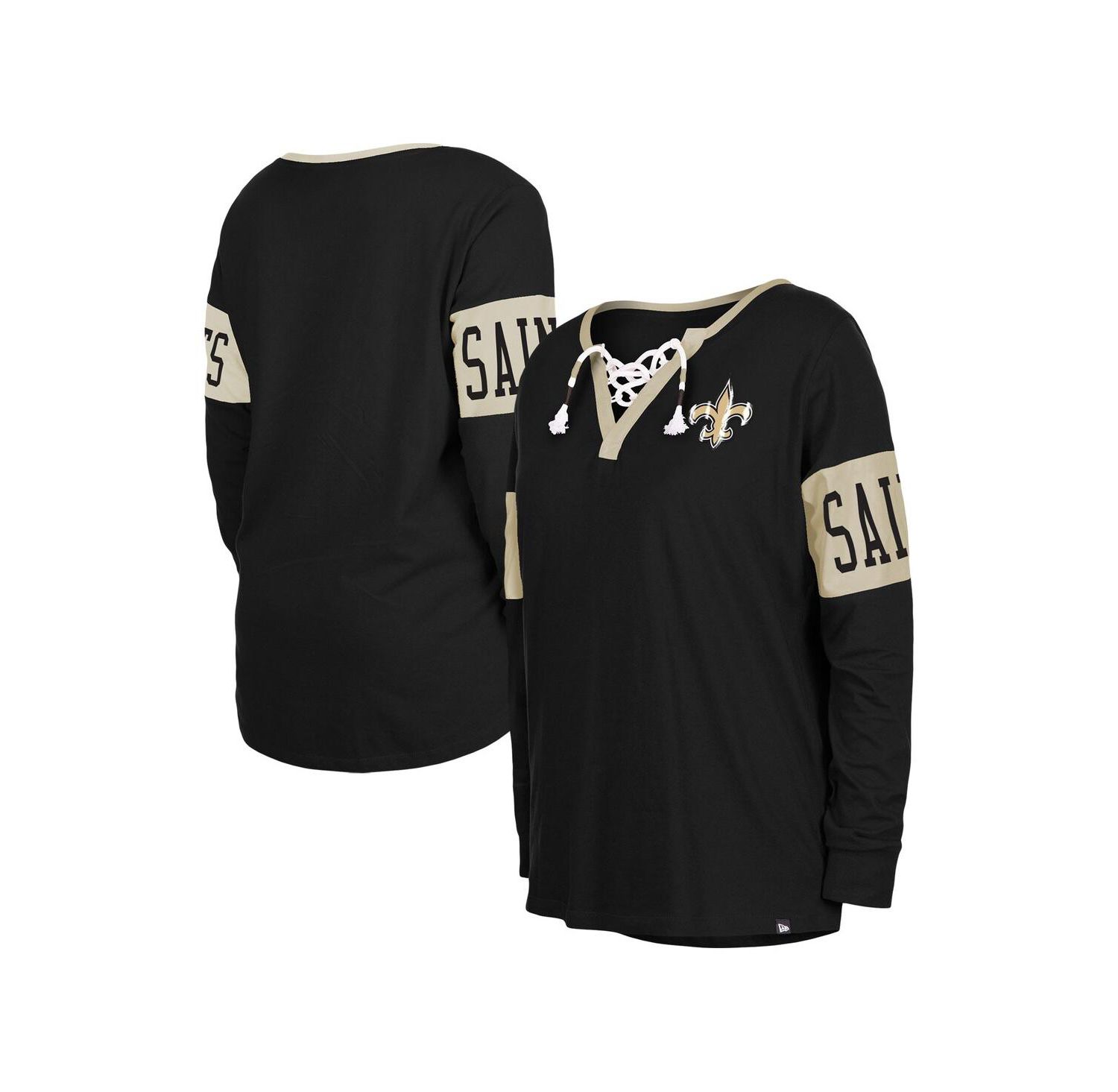 Women's Black New Orleans Saints Lace-Up Notch Neck Long Sleeve T-shirt
