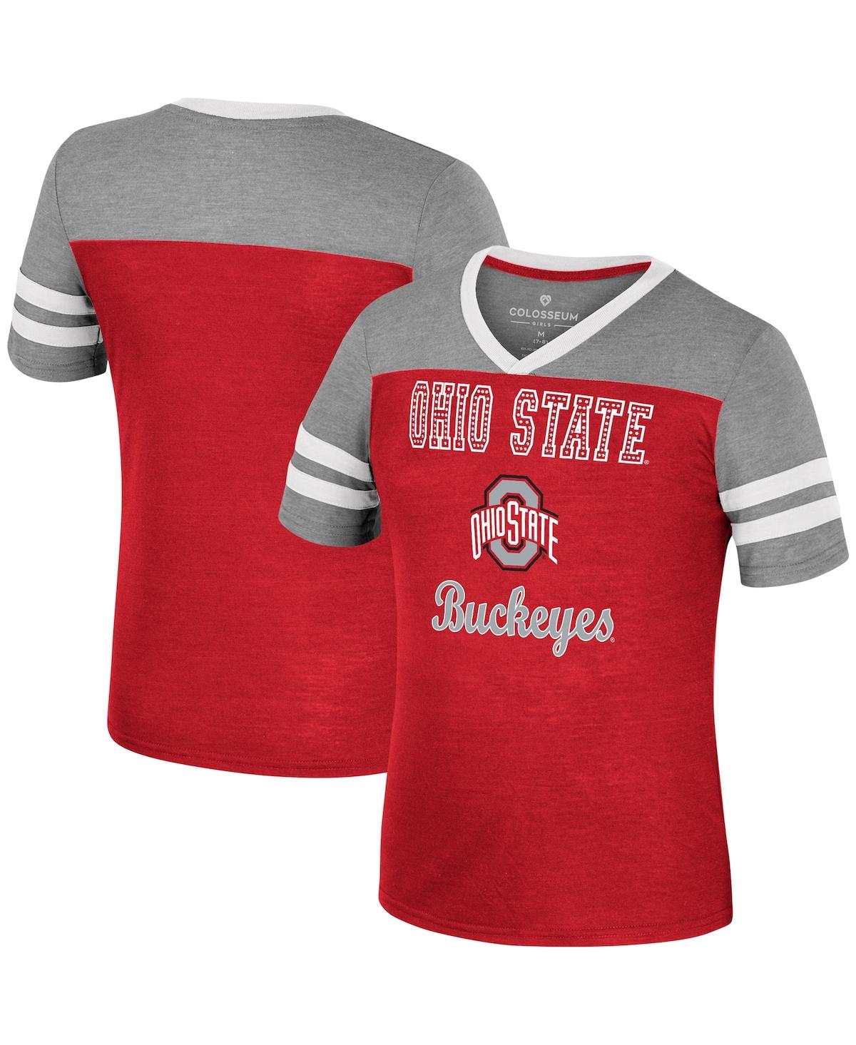 Shop Colosseum Big Girls  Scarlet, Heather Gray Ohio State Buckeyes Summer Striped V-neck T-shirt In Scarlet,heather Gray