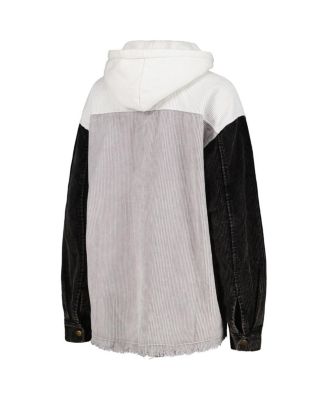 Women's Gray Distressed Iowa Hawkeyes Vintage-Like Wash Corduroy Full-Snap Hooded Shacket