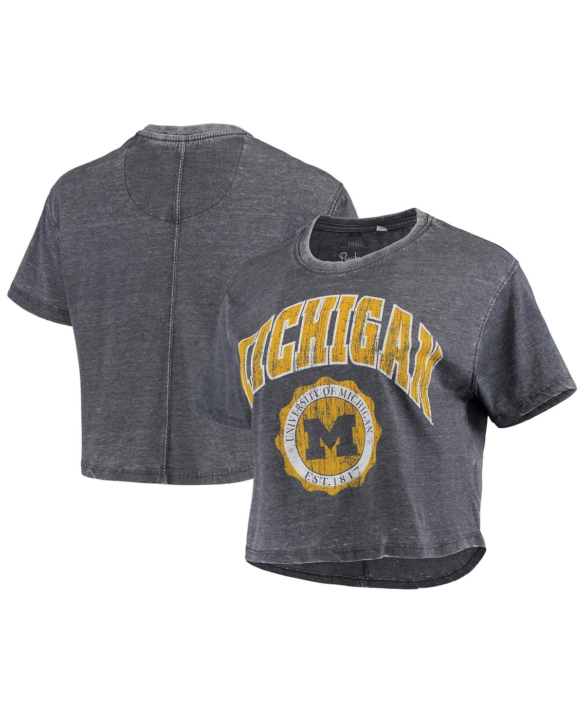 PRESSBOX WOMEN'S PRESSBOX NAVY DISTRESSED MICHIGAN WOLVERINES EDITH VINTAGE-LIKE BURNOUT CROP T-SHIRT 