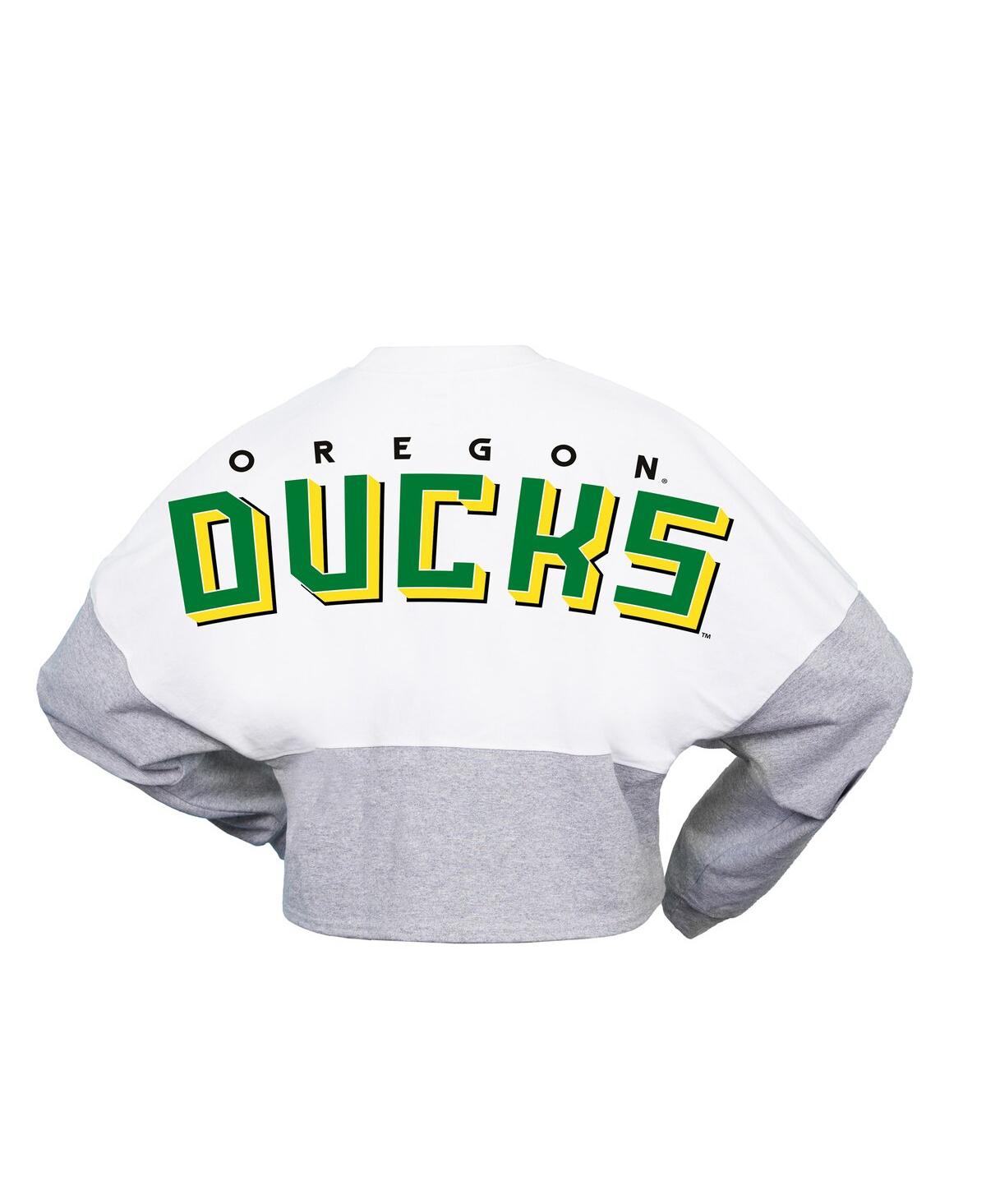 Shop Spirit Jersey Women's  White Oregon Ducks Heather Block Cropped Long Sleeve Jersey T-shirt