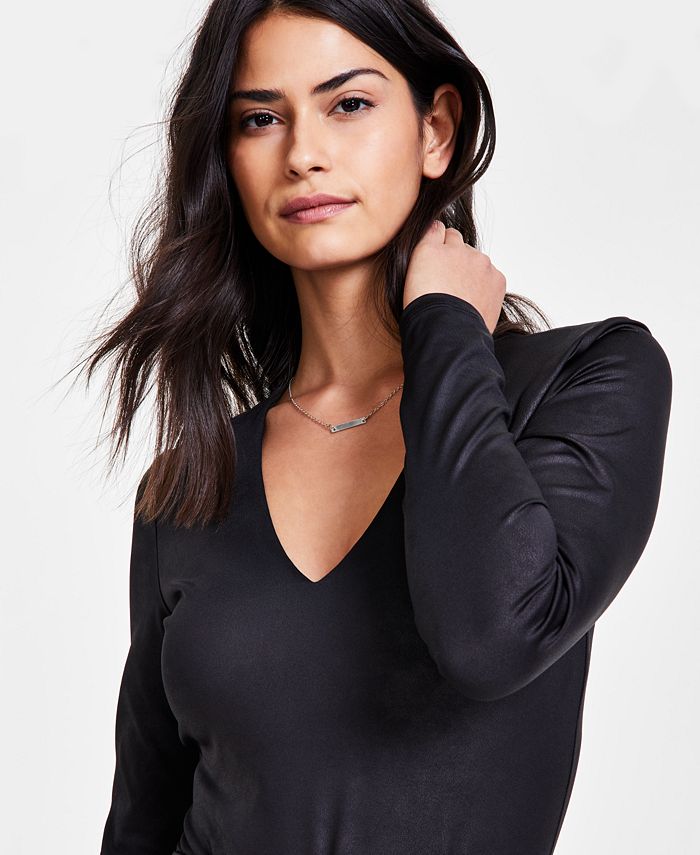 Bar III Women's Coated VNeck Bodysuit, Created for Macy's Macy's