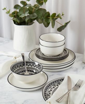 Black Pad Print 12 Pc. Dinnerware Set, Service for 4