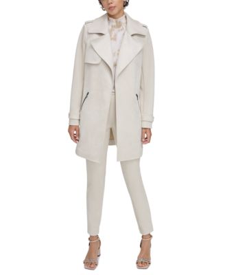 Calvin Klein Petite Faux Suede Open Front Trench Jacket Smocked Neck Flutter Sleeve Blouse Faux Suede Skinny Leg  In Stony Beige,cream