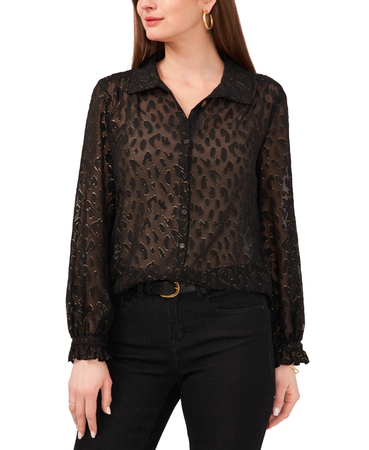 Vince Camuto Collared Jacquard Blouse In Rich Black