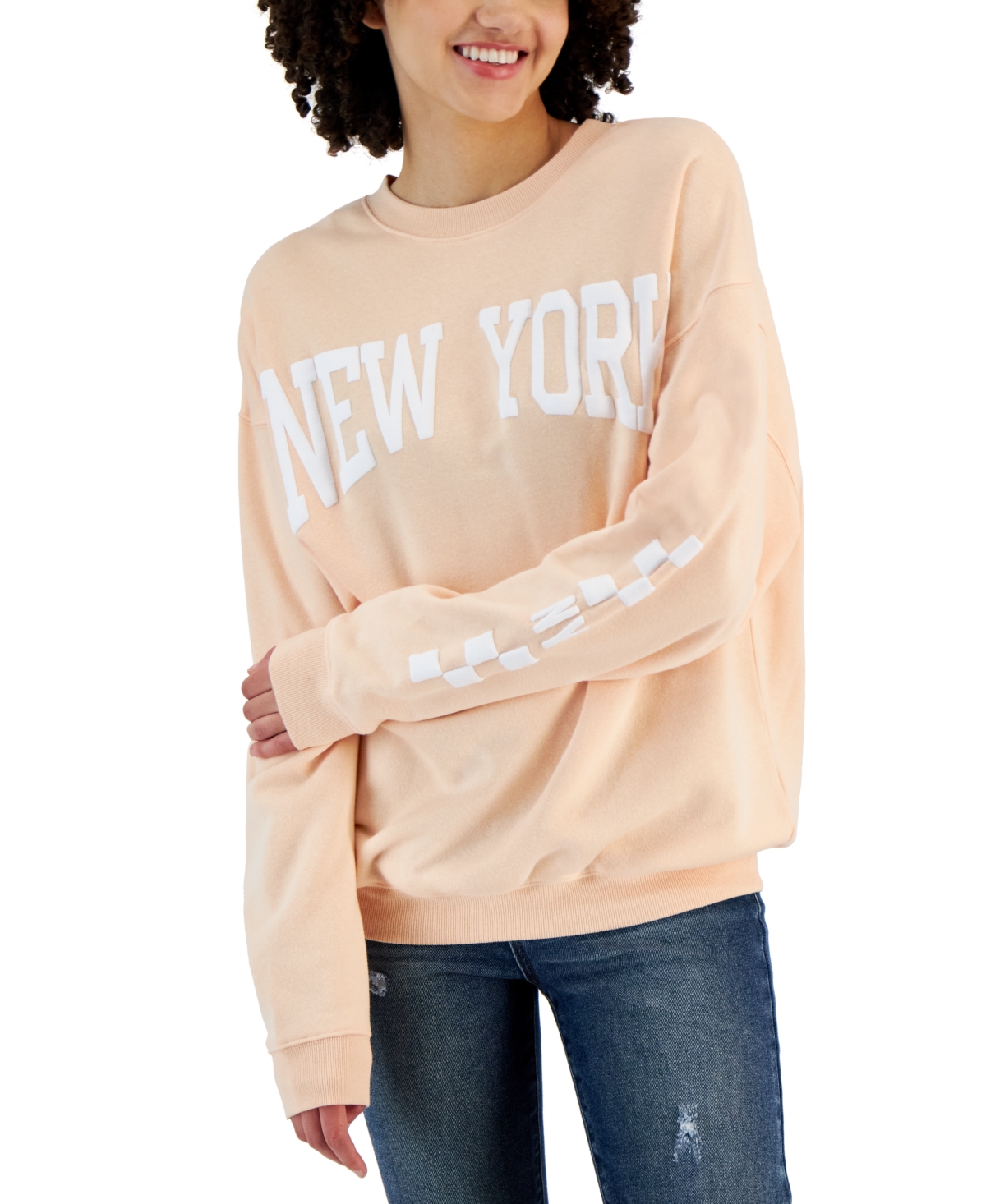 Juniors' Crewneck Long-Sleeve New York Sweatshirt - Peach