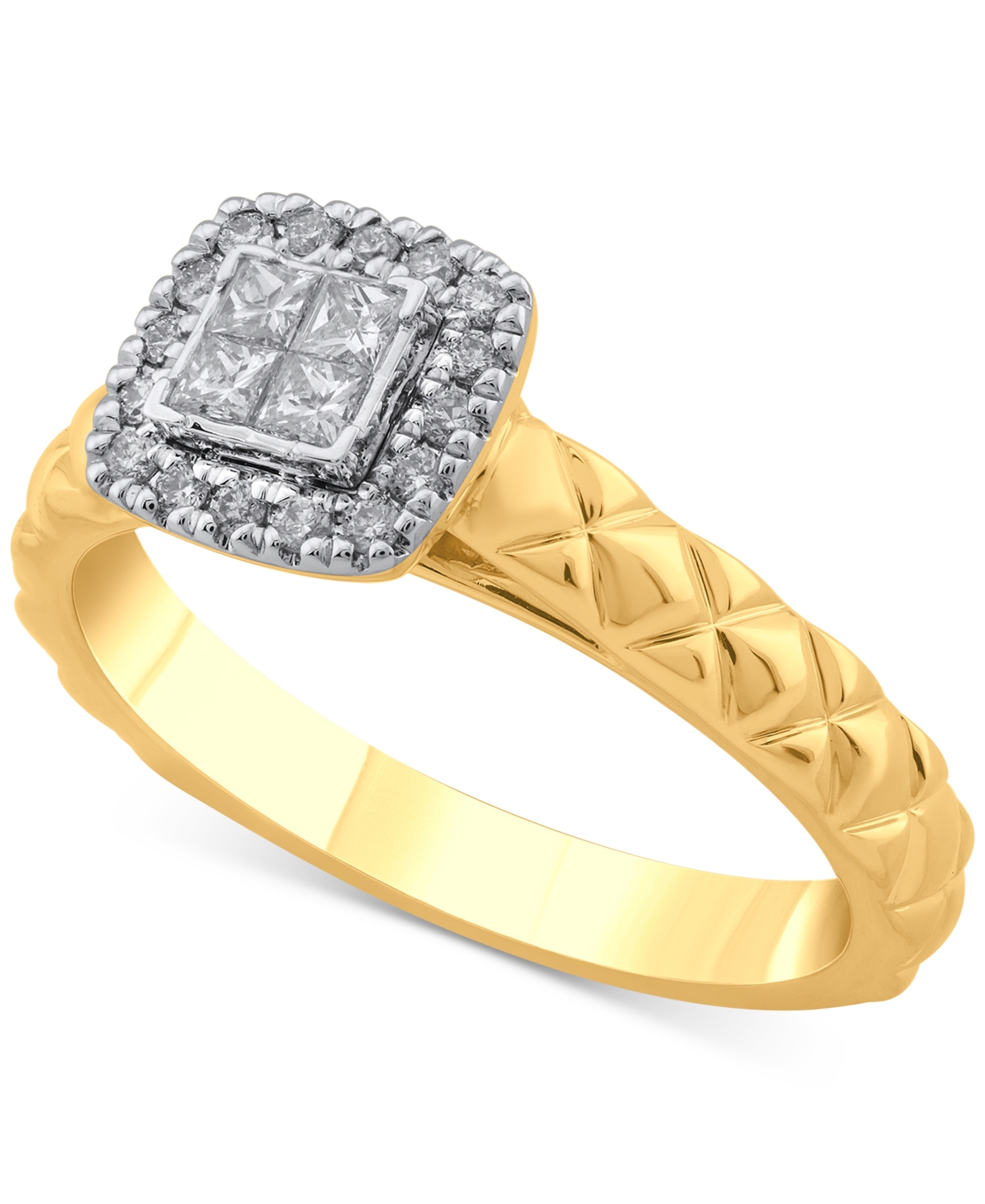 Macy's Diamond Princess Quad Custer Halo Ring (1/4 Ct. T.w.) In 14k Two-tone Gold In Yellow Gold