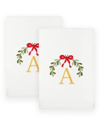 Linum Home Christmas Mistletoe Monogram Embroidered Luxury Turkish Cotton Hand Towels, 2 Piece Set - Macy's
