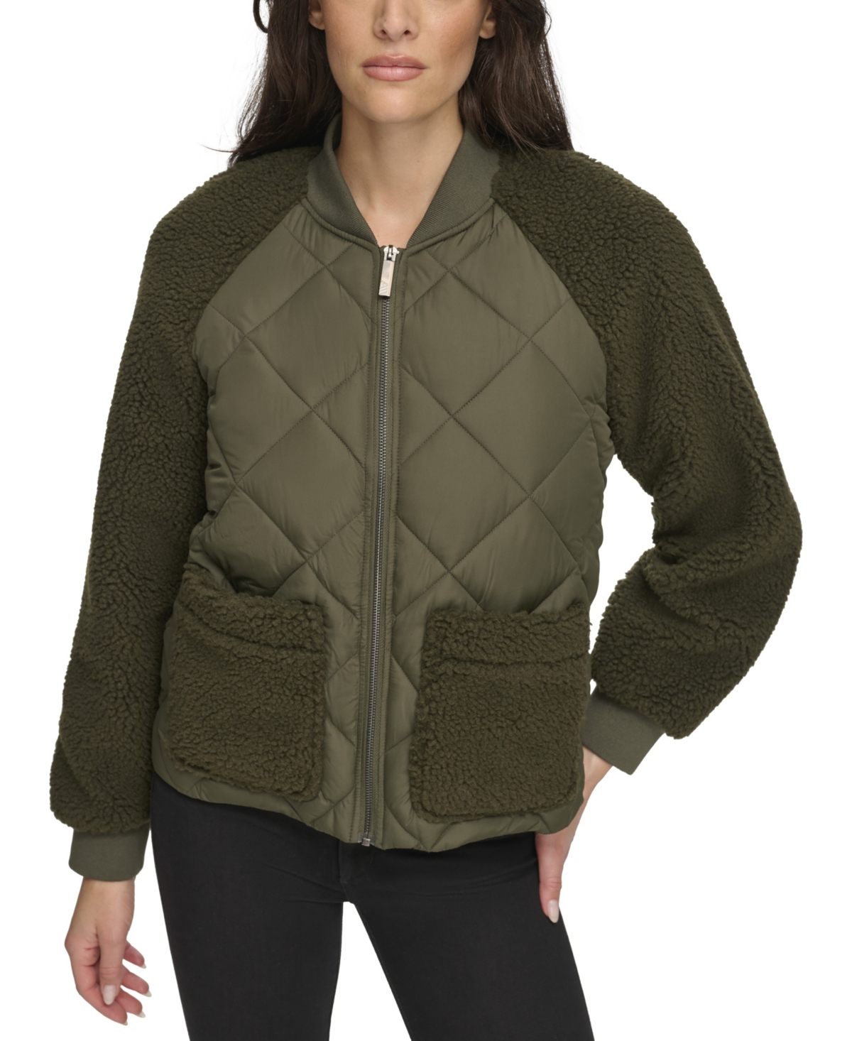 Women's Mixed Sherpa and Quilt Bomber Jacket - Olive