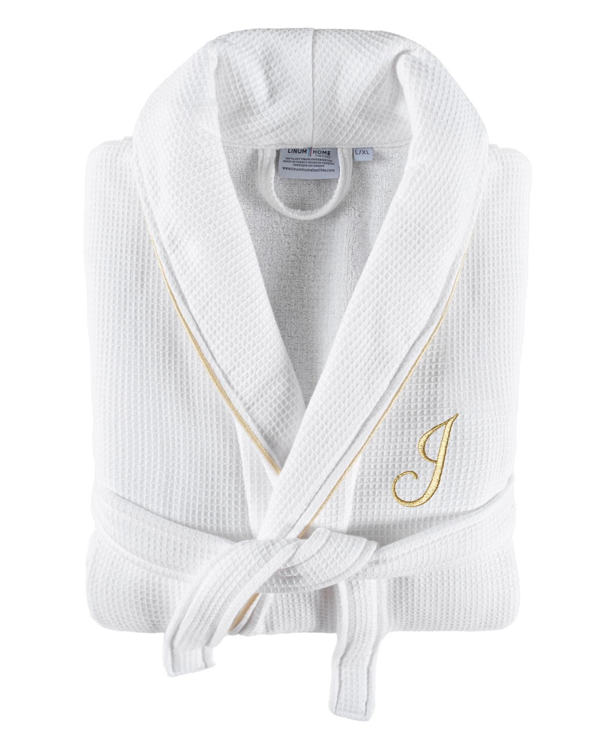 Linum Home Textiles 100% Turkish Cotton Unisex Personalized Waffle Weave Terry Bathrobe With Satin Piped Trim In White J