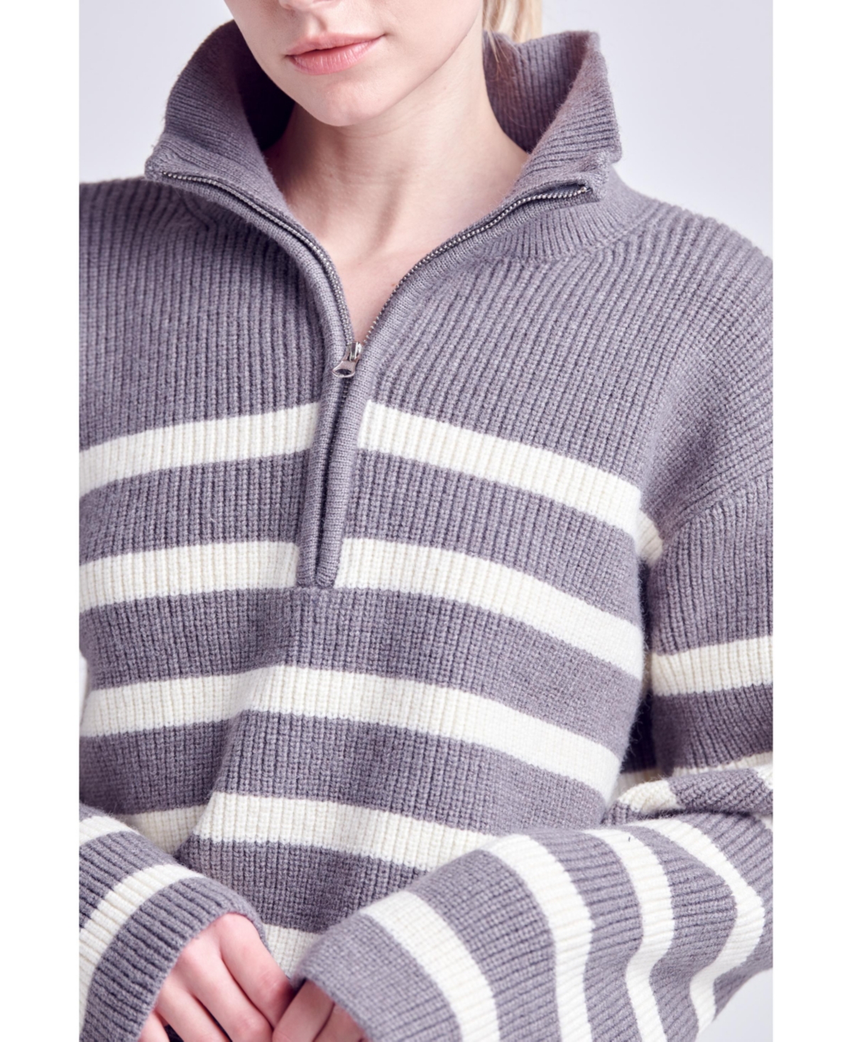 Women's Striped Half-Zip Sweater -cream