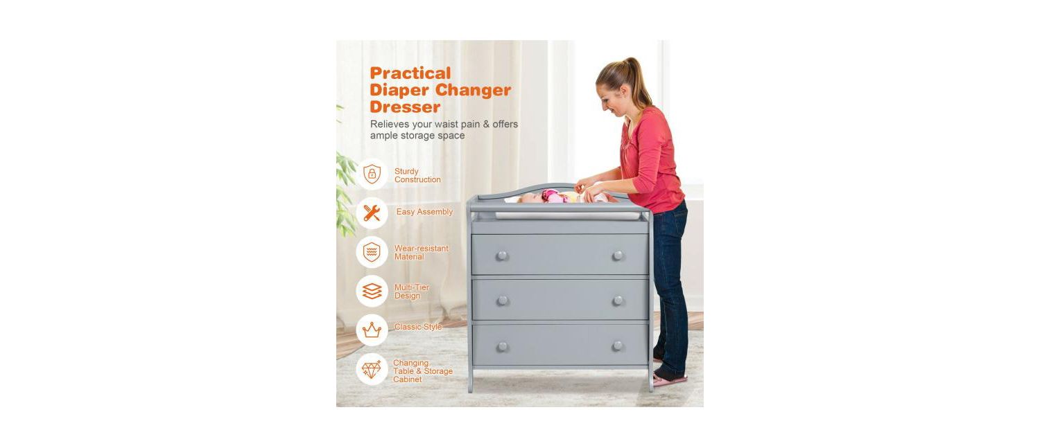 3-Drawer Dresser Changing Table with Safety Belt Guardrails-Grey