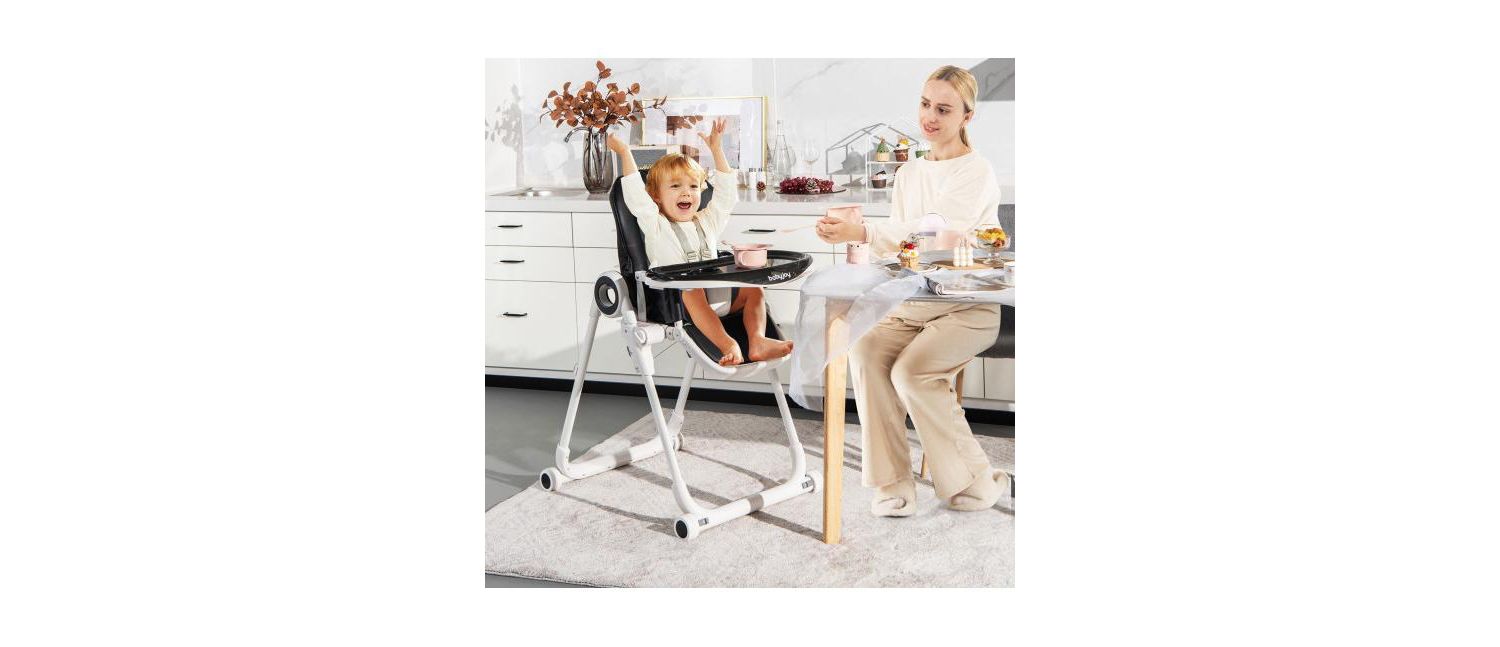 Girls High Chair Foldable Feeding Chair with 4 Lockable Wheels