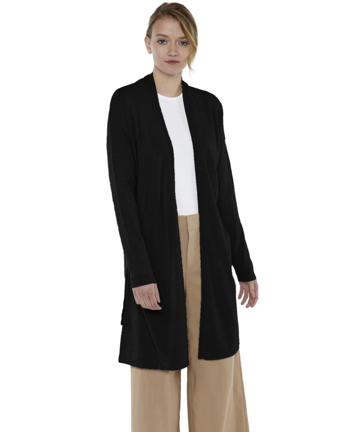 Women's 100% Pure Cashmere Long Sleeve Belted Lux Wrap Cardigan Robe Sweater - Black