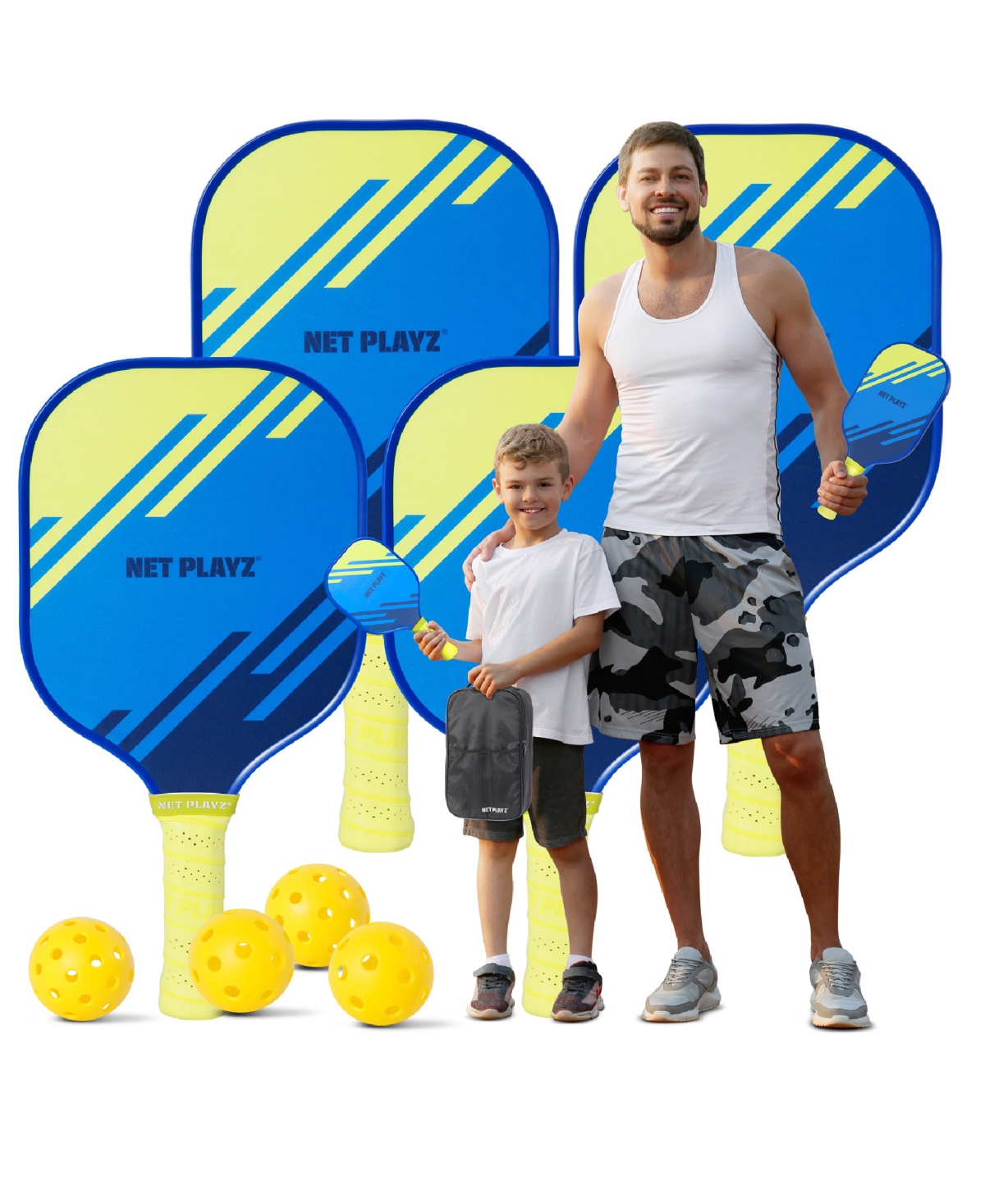 Net Playz Pickleball Paddles Pickleball Set, Usapa Approved 2 Child Size 2 Adult Size, Family Set for Kids, Parent Child Adult - Junior