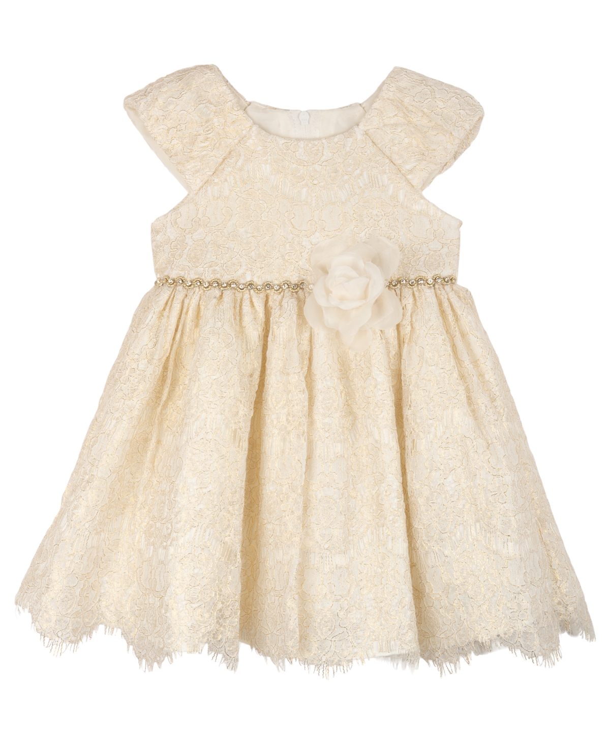Rare Editions Baby Girls Foil Lace Social Dress With Matching Diaper Cover Set In Ivory