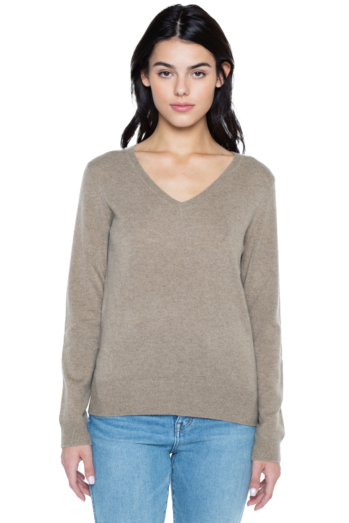 Women's 100% Pure Cashmere Long Sleeve Pullover V Neck Sweater - Toffee
