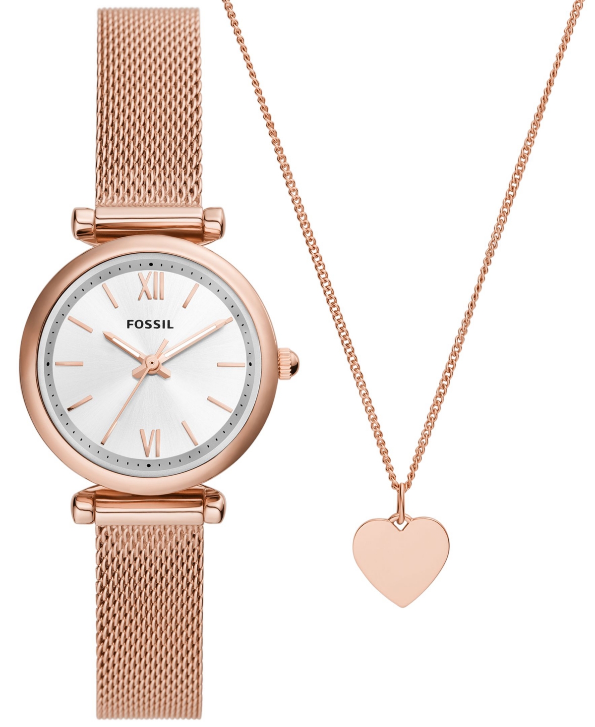 FOSSIL WOMEN'S CARLIE THREE-HAND ROSE GOLD-TONE STAINLESS STEEL MESH WATCH 28MM AND NECKLACE BOX GIFT SET