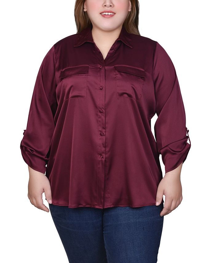 NY Collection Plus Size 3/4 Sleeve Roll Tab Satin Blouse - Macy's
