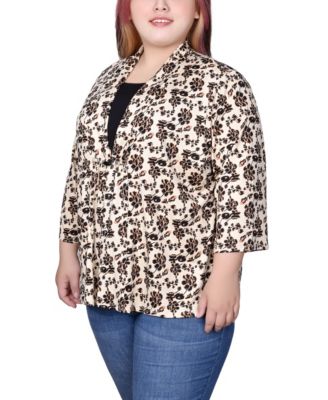 Plus Size Puff Print 3/4 Sleeve 2-Fer Top