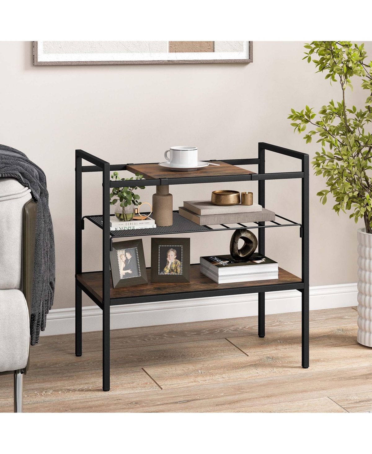 Industrial Entryway Table 3-Tier Sofa Side Table with Removable Panel & Mesh Shelf