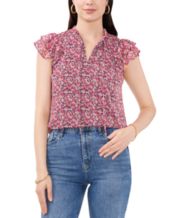 Sam & Jess Petite Floral-Print Smocked-Waist Flutter-Sleeve Top