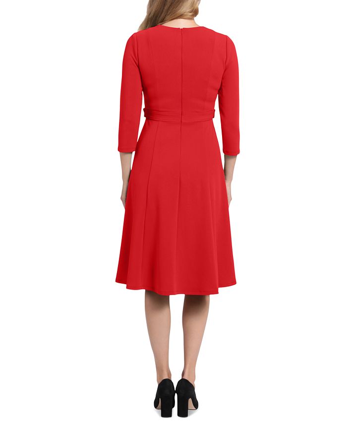 open lace back dress London Times Women's Dresses Short Sleeve Crepe Fit and Flare Midi with  Waist Button Detail True Red at Amazon Women's Clothing store