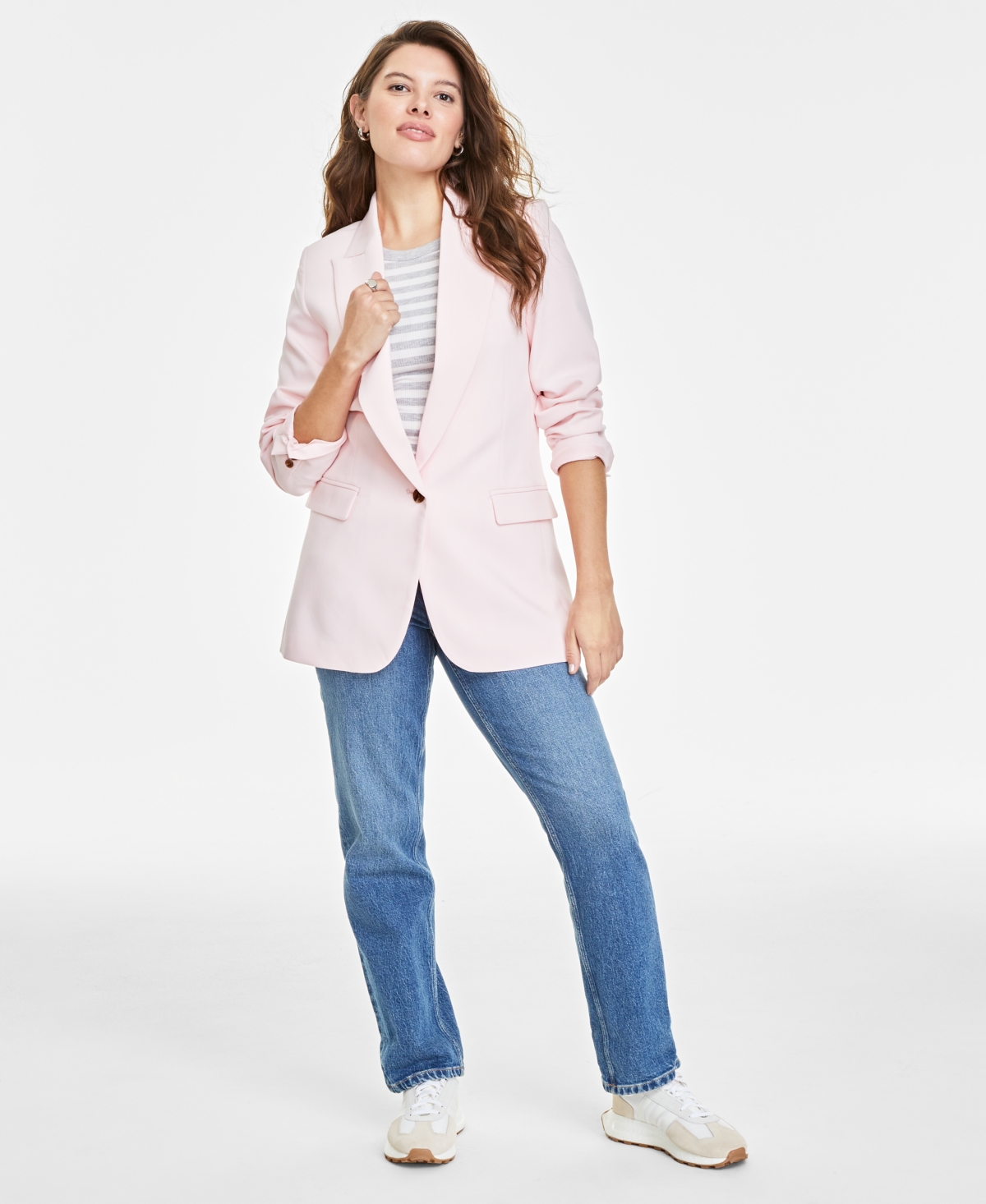 Women's Solid One-Button Boyfriend Blazer, Created for Macy's - Pink Dogwood