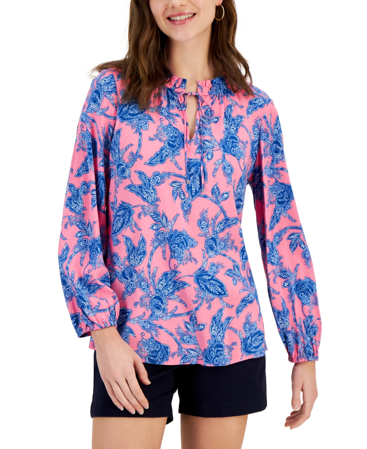 Tommy Hilfiger Women's Paisley-print Blouson-sleeve Top In Feathered Floral- Peony,blue Sky