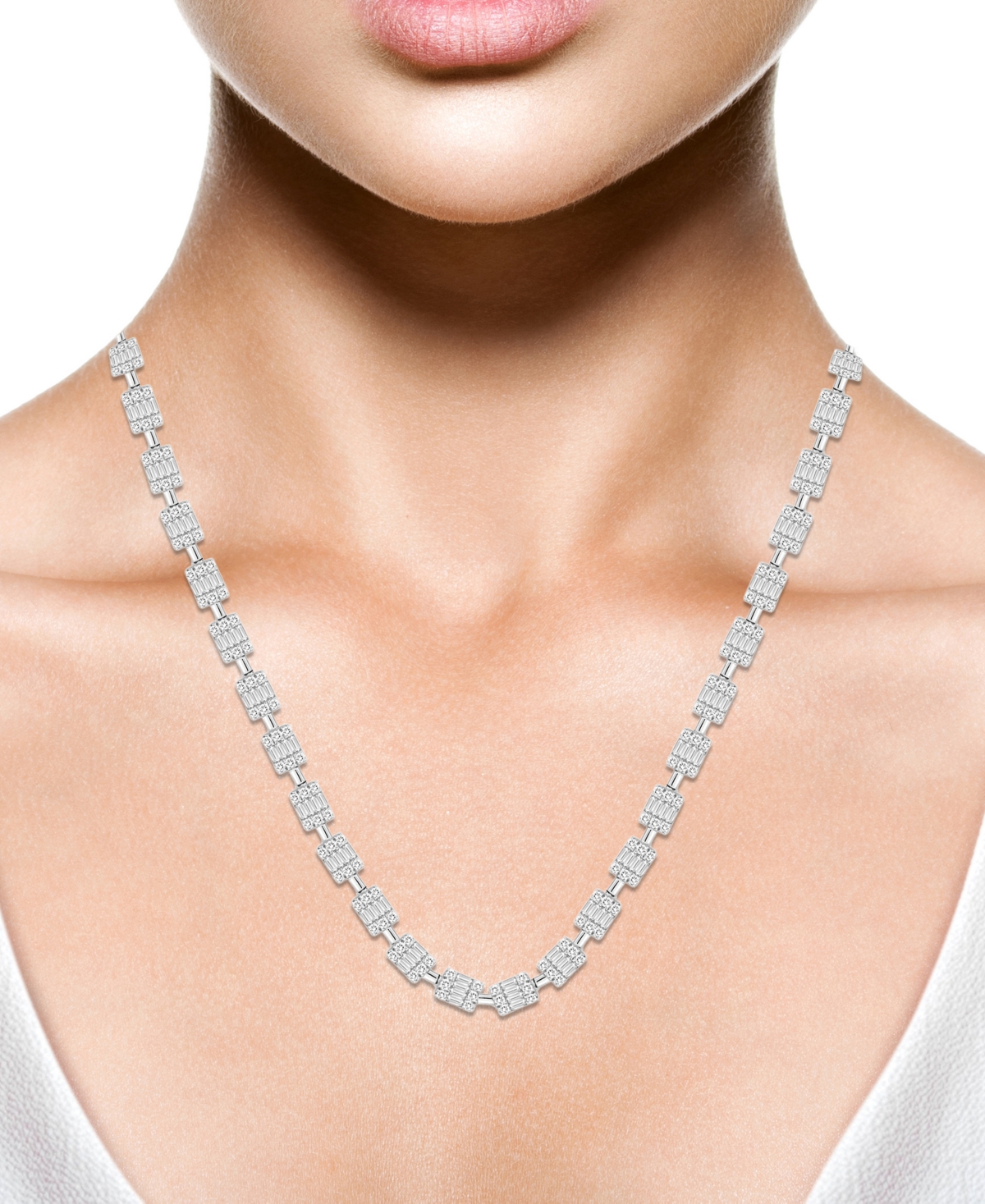 Shop Macy's Diamond Round & Baguette Cluster 18" Tennis Necklace (4 Ct. T.w.) In 14k White Gold