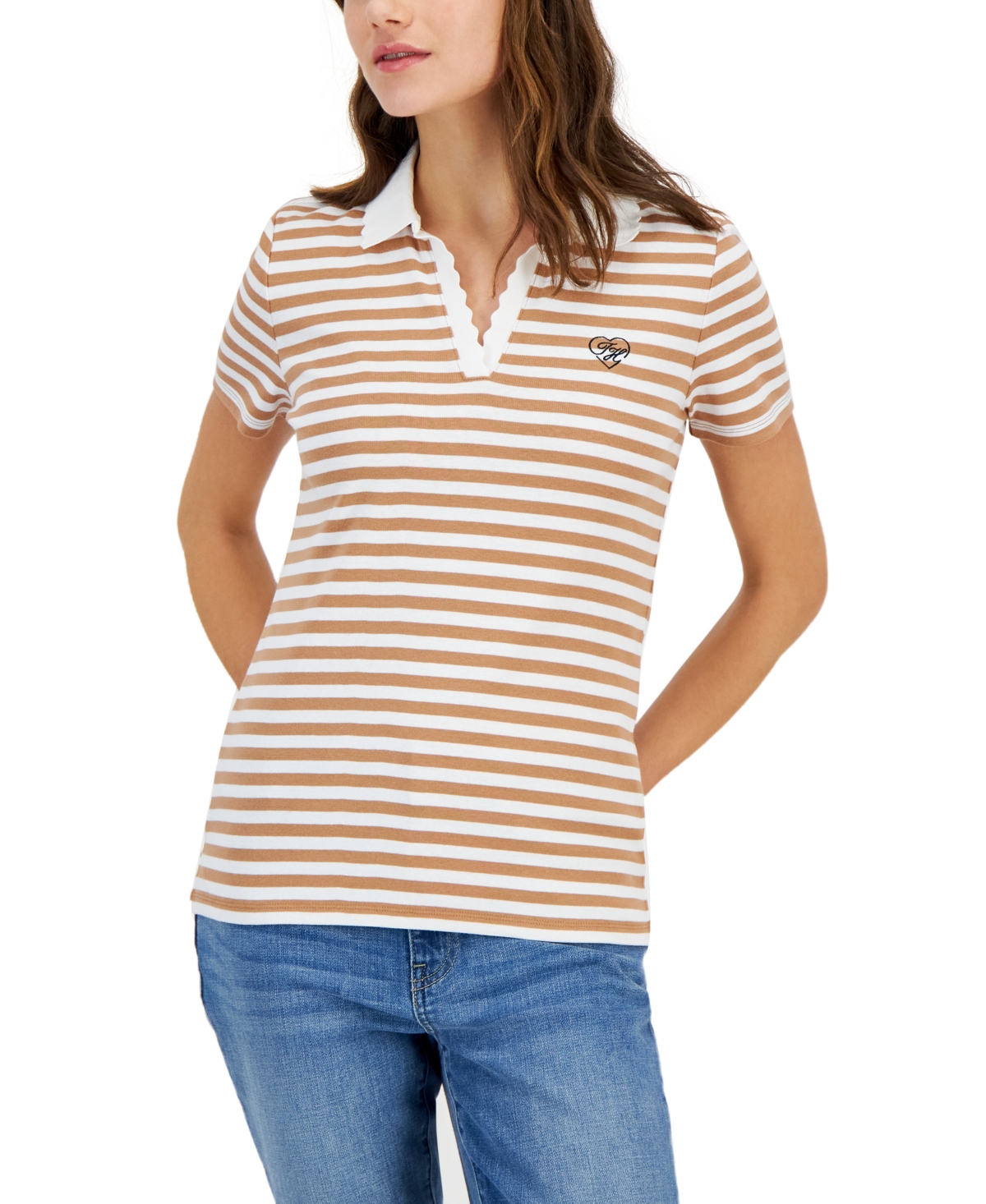 Tommy Hilfiger Women's Cotton Striped Polo Shirt In Brown Sugar,bright White