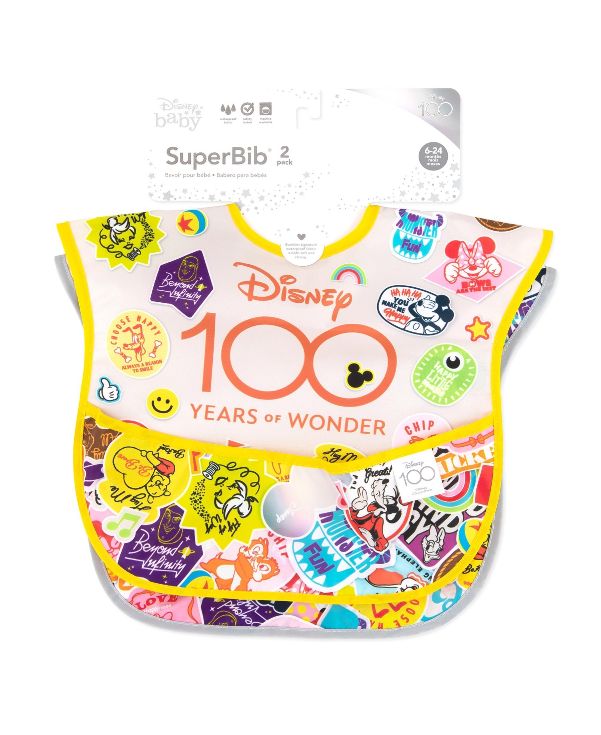 Bumkins Baby Disney 100 Happy Faces Super Bibs, Pack of 2 - Disney 100 Years Happy Faces