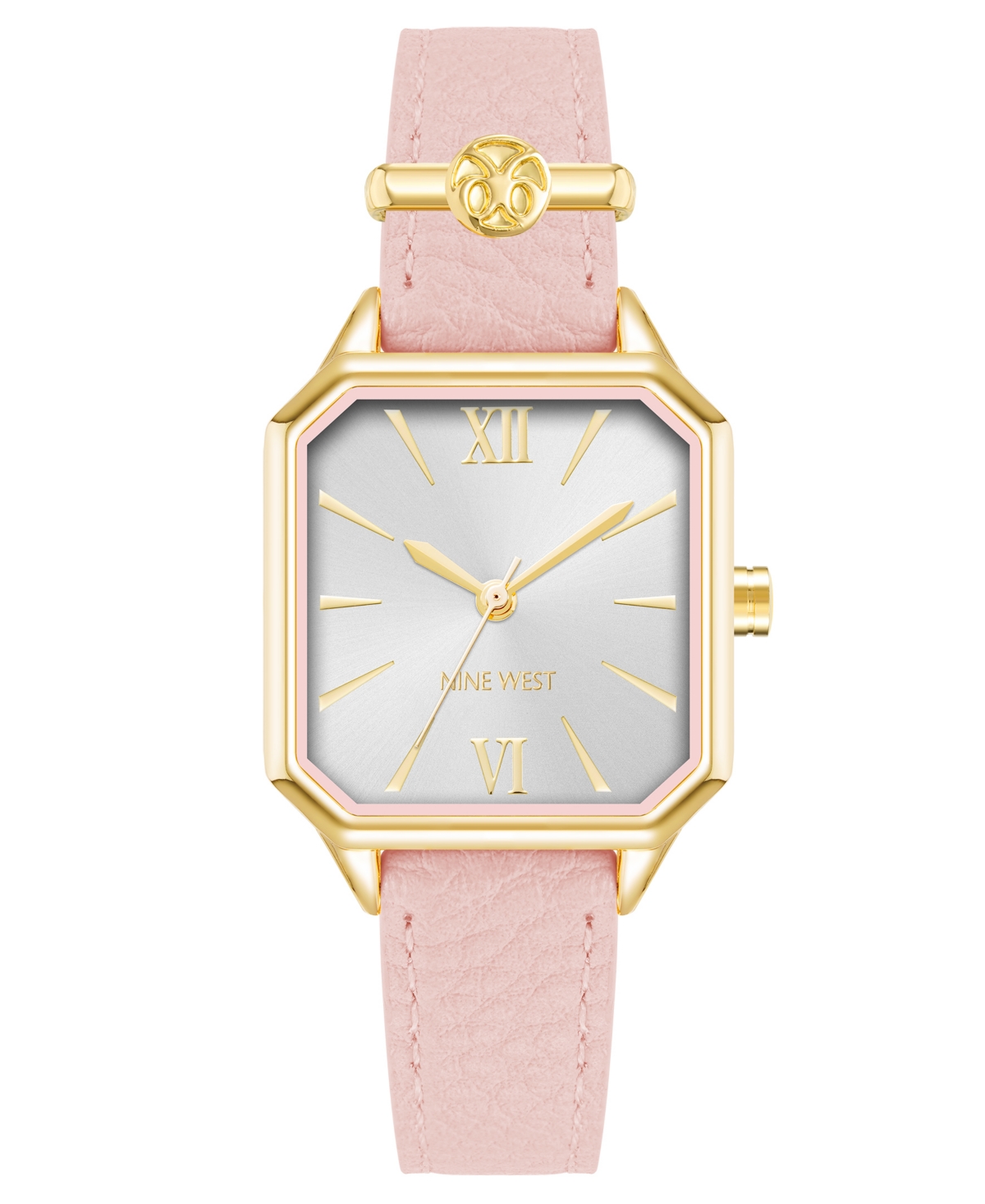 Nine West Women's Quartz Square Pink Faux Leather Band Watch, 27mm In Pink,gold-tone