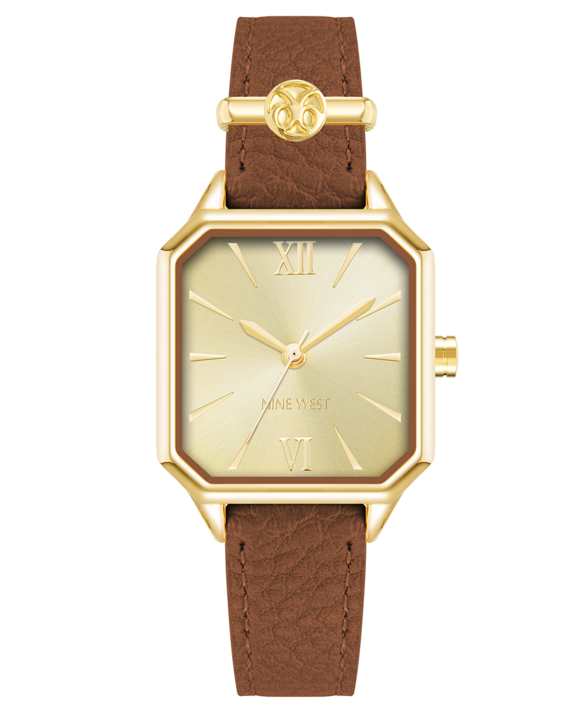 Nine West Women's Quartz Square Brown Faux Leather Band Watch, 27mm In Brown,gold-tone