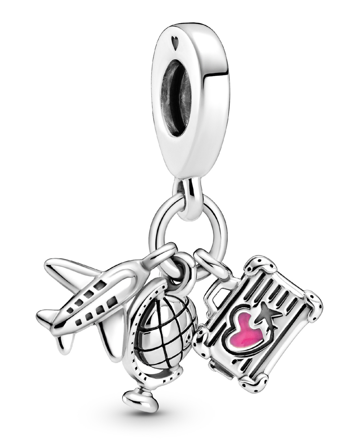 Sterling Silver Airplane, Globe Suitcase Dangle Charm - Pink