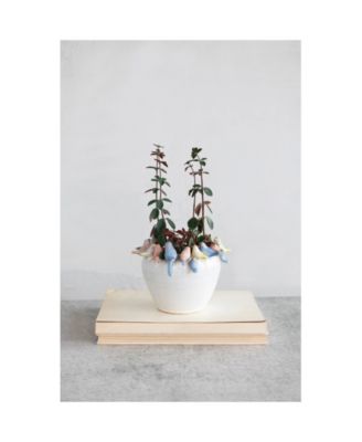 Stoneware Planter with Birds On Rim,  Reactive Glaze