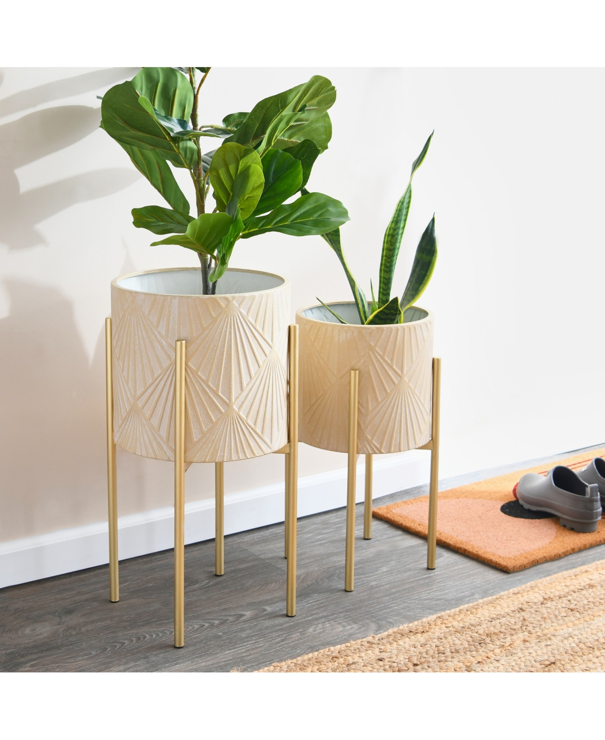 Storied Home Modern Boho Embossed Metal Planters With Stands In Cream