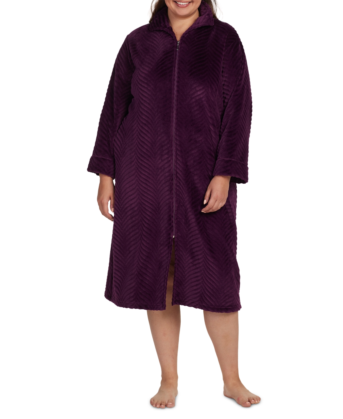 Miss Elaine Plus Size Solid Long-sleeve Zip Robe In Aubergine