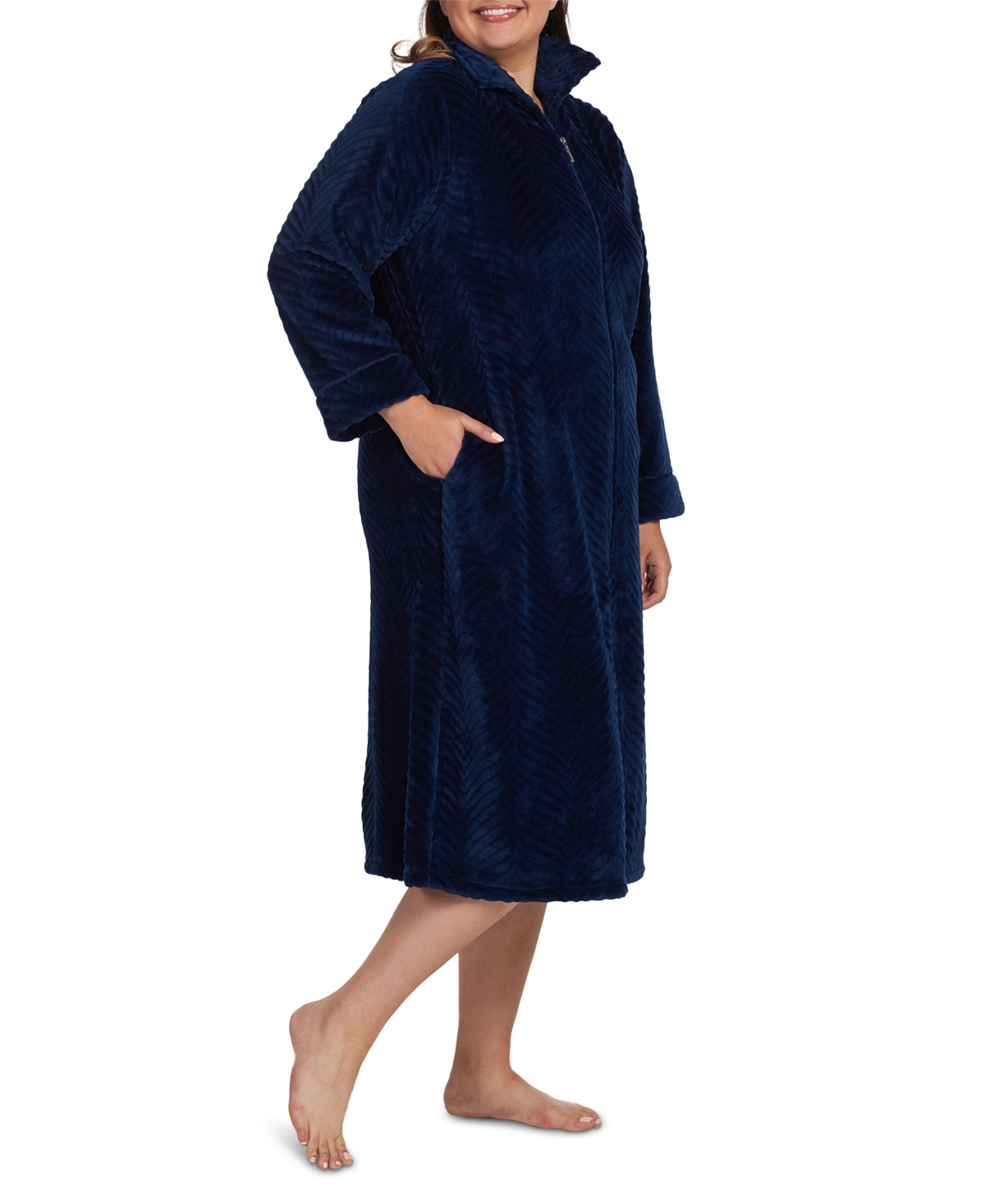 Miss Elaine Plus Size Solid Long-sleeve Zip Robe In Midnight Blue
