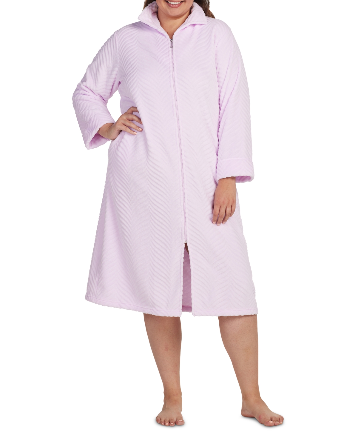 Miss Elaine Plus Size Solid Long-sleeve Zip Robe In Lavender